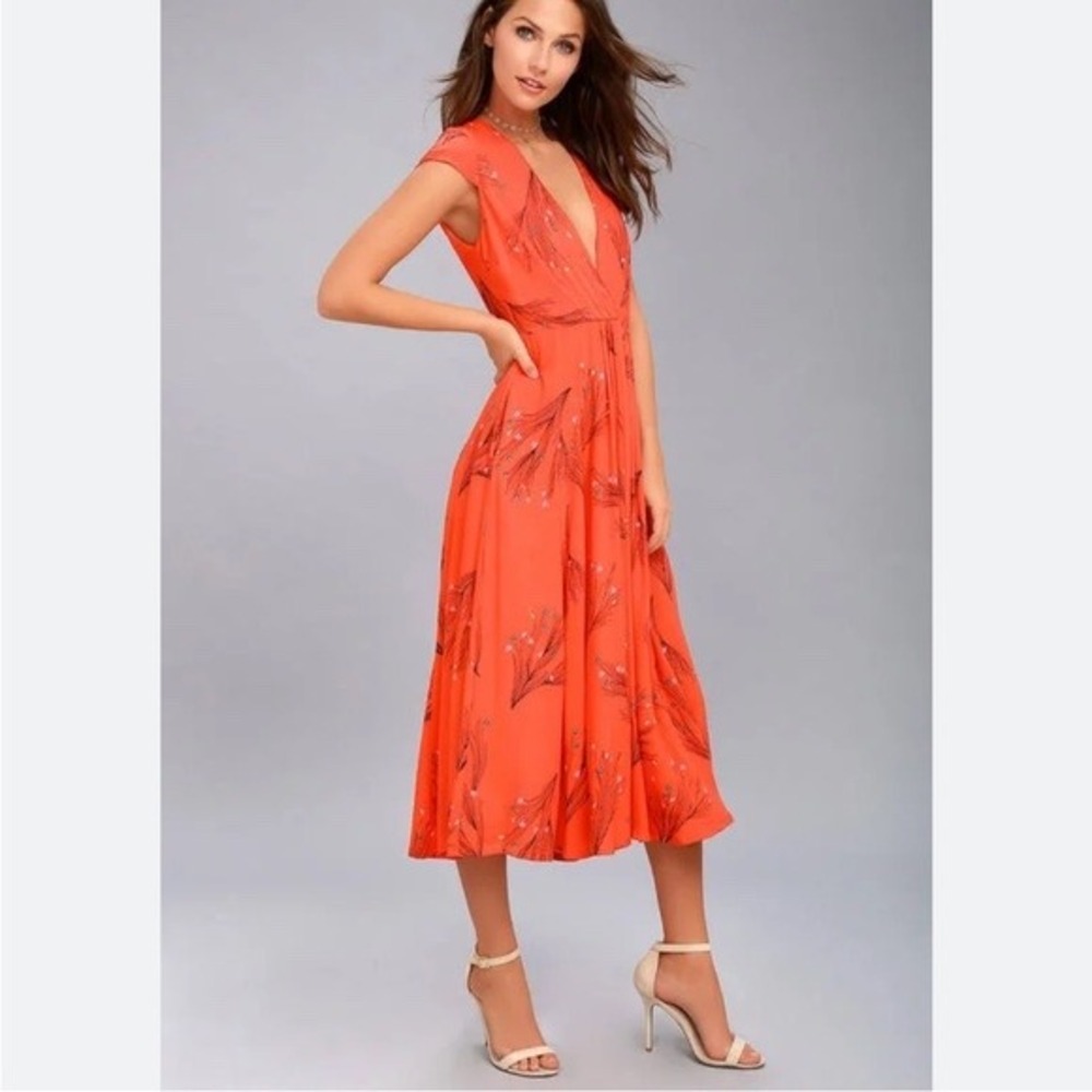Free People Orange Floral V-Neck Cap Sleeve Midi Dress OB528587 Size 2